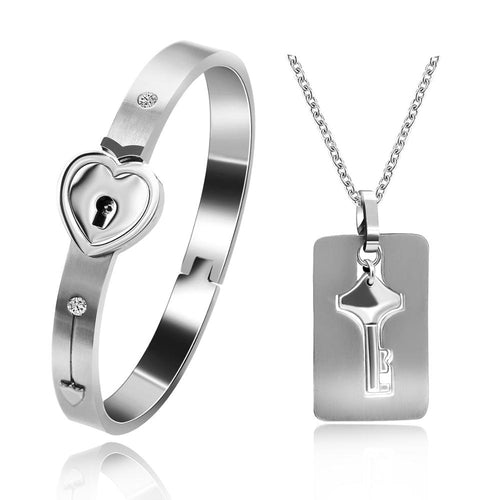 Stainless Steel Lock and Key Necklace and Bracelet - e4curiosity